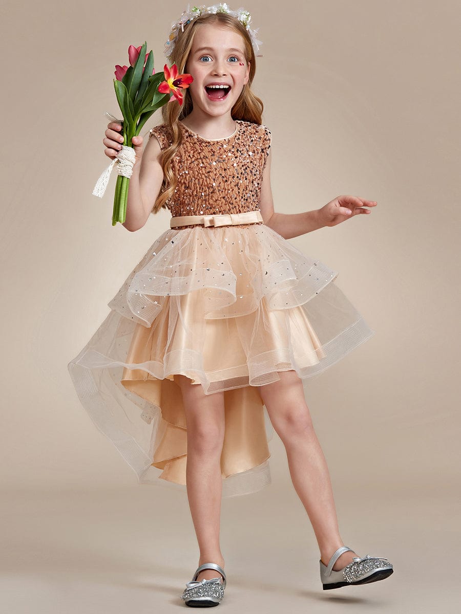 Sparkling Glitter High Low A-Line Sleeveless Multi-Layered Tulle Flower Girl Dress #Color_Charcoal