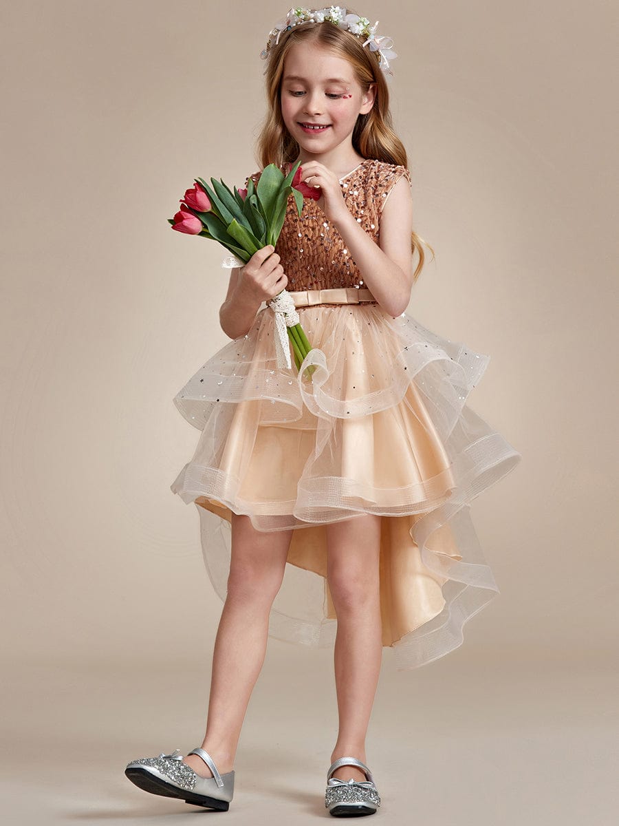 Sparkling Glitter High Low A-Line Sleeveless Multi-Layered Tulle Flower Girl Dress #Color_Charcoal