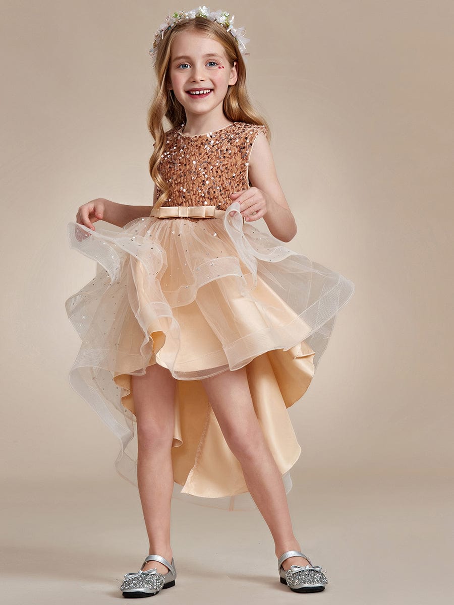 Sparkling Glitter High Low A-Line Sleeveless Multi-Layered Tulle Flower Girl Dress #Color_Charcoal