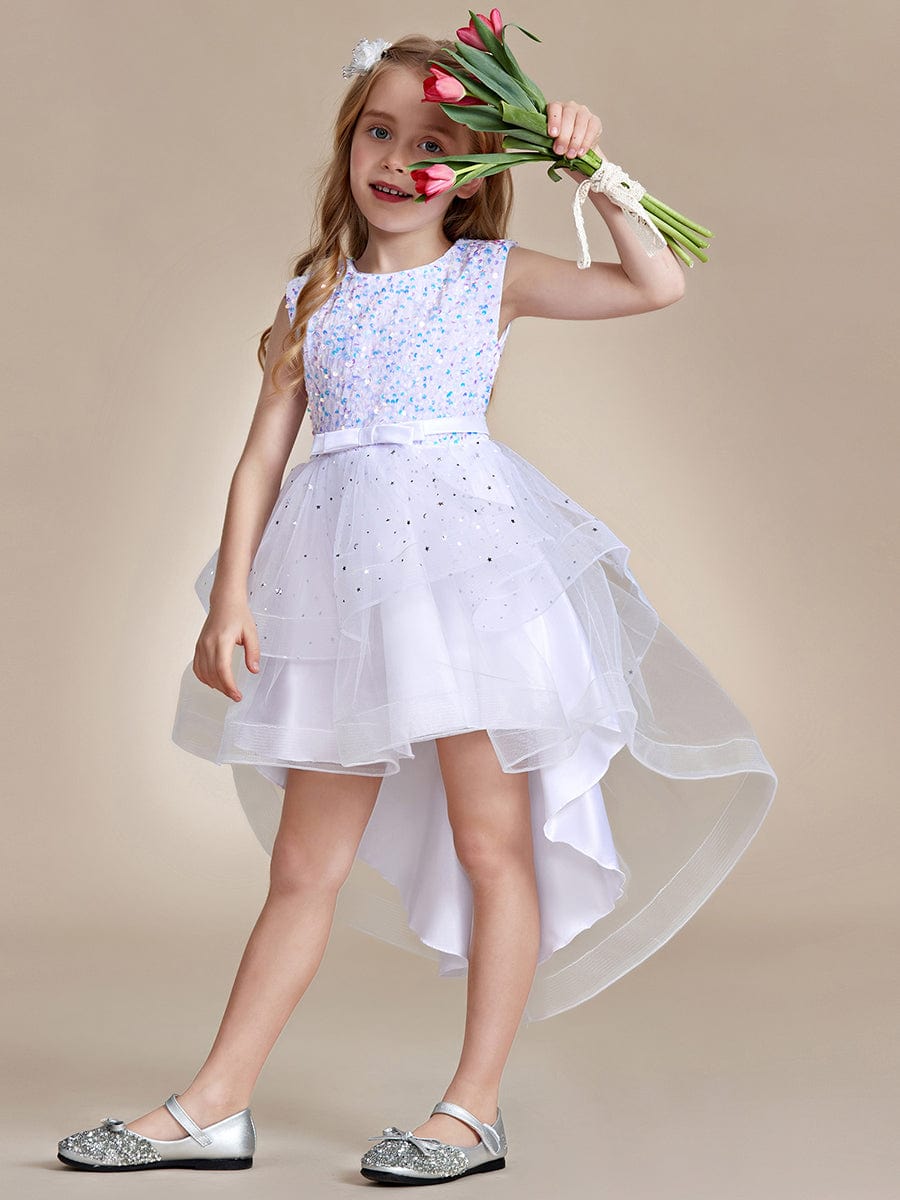 Sparkling Glitter High Low A-Line Sleeveless Multi-Layered Tulle Flower Girl Dress #Color_White