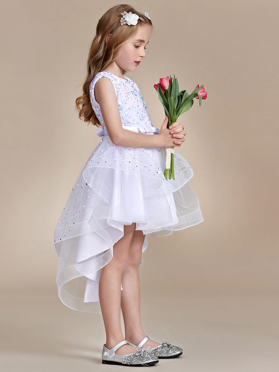 Sparkling Glitter High Low A-Line Sleeveless Multi-Layered Tulle Flower Girl Dress #Color_White