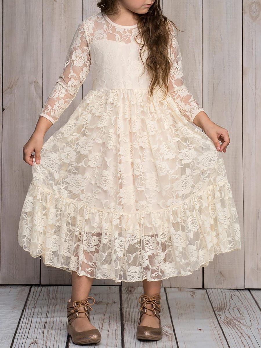 Elegant Lace Long-Sleeve Flower Girl Dress with Round Neckline #color_Cream