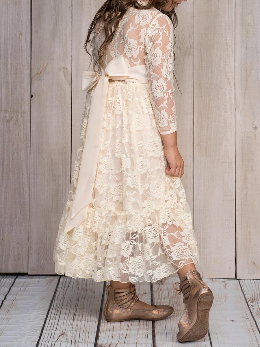 Elegant Lace Long-Sleeve Flower Girl Dress with Round Neckline #color_Cream