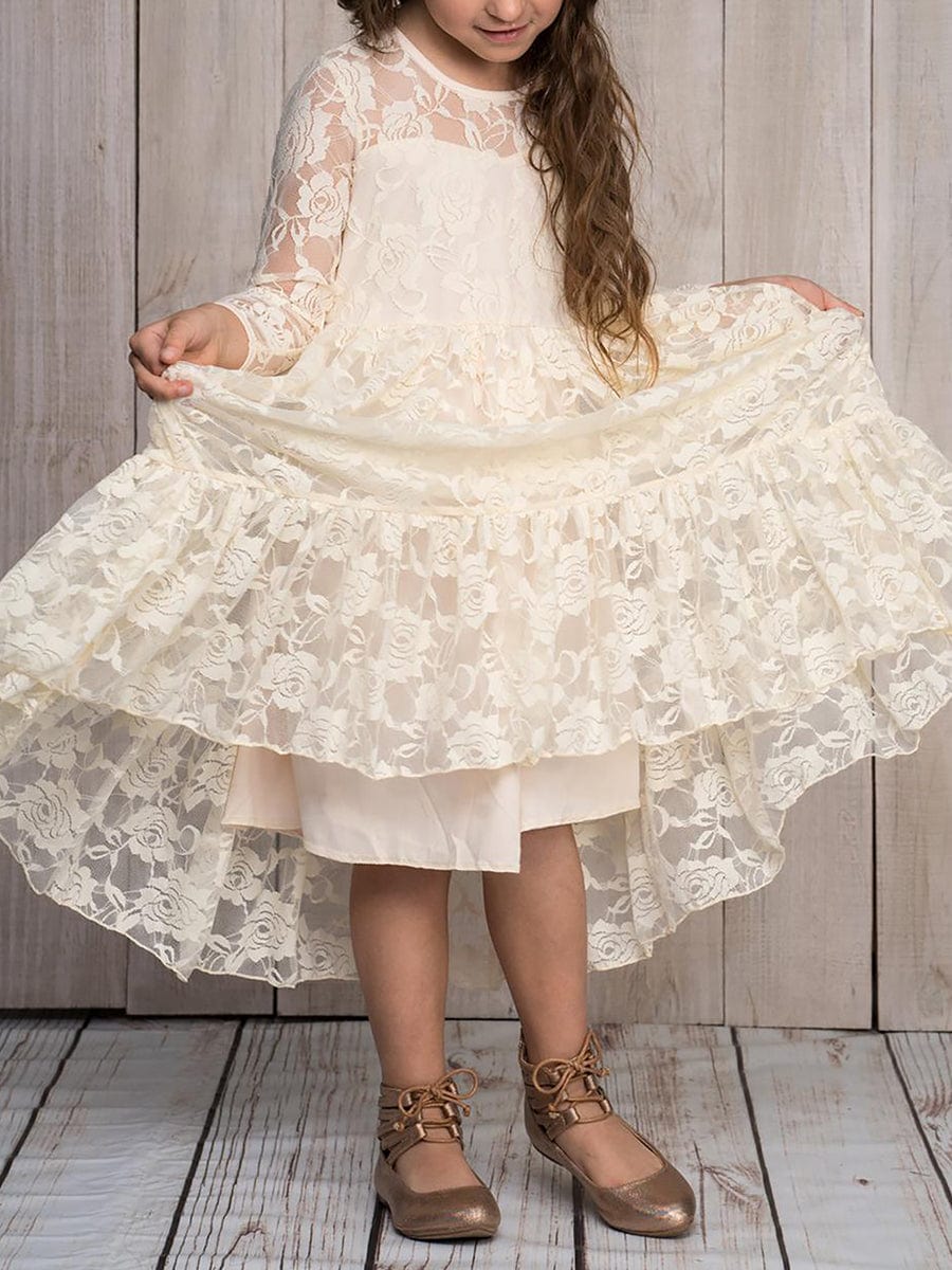 Elegant Lace Long-Sleeve Flower Girl Dress with Round Neckline #color_Cream