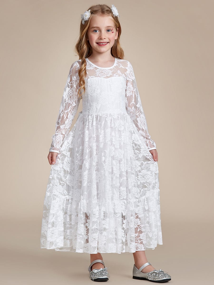 Elegant Lace Long-Sleeve Flower Girl Dress with Round Neckline #color_White