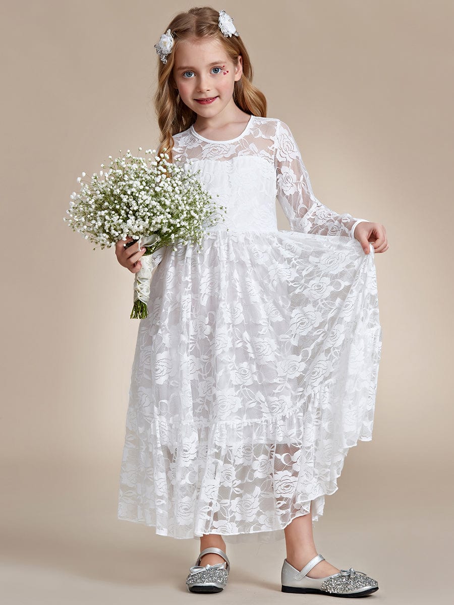 Elegant Lace Long-Sleeve Flower Girl Dress with Round Neckline #color_White