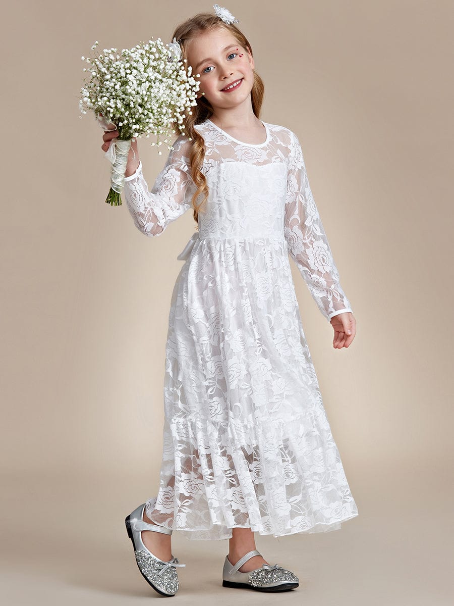 Elegant Lace Long-Sleeve Flower Girl Dress with Round Neckline #color_White