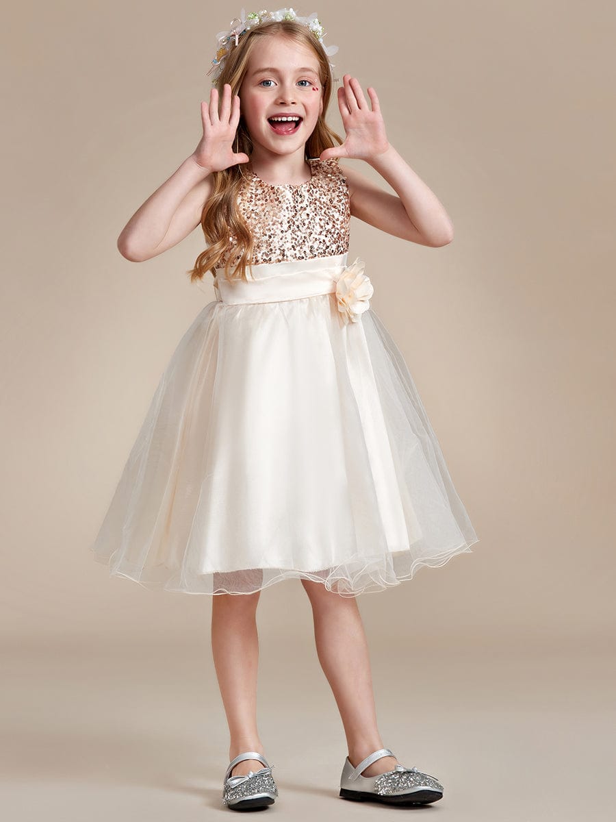 Sparkling Sequin Round Neckline Short Princess Dress for Girls #color_Yellow