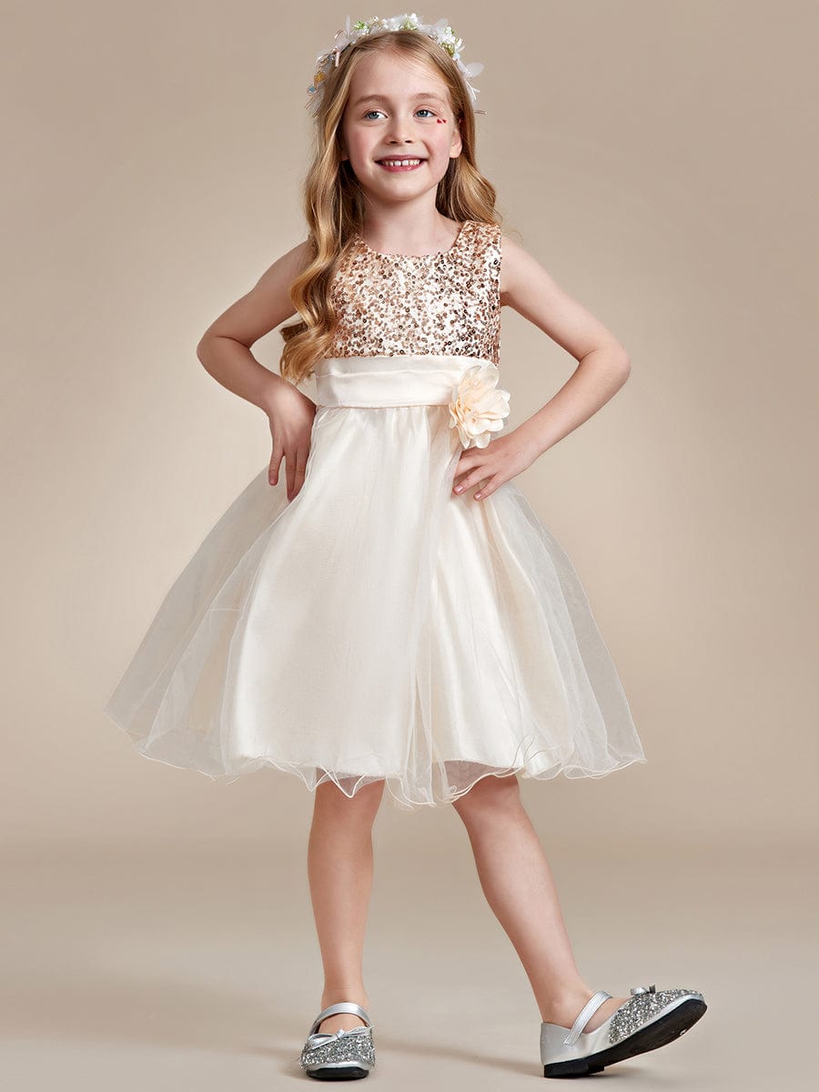 Sparkling Sequin Round Neckline Short Princess Dress for Girls #color_Yellow