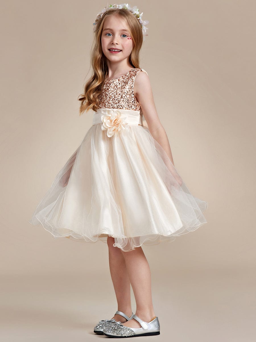 Sparkling Sequin Round Neckline Short Princess Dress for Girls #color_Yellow