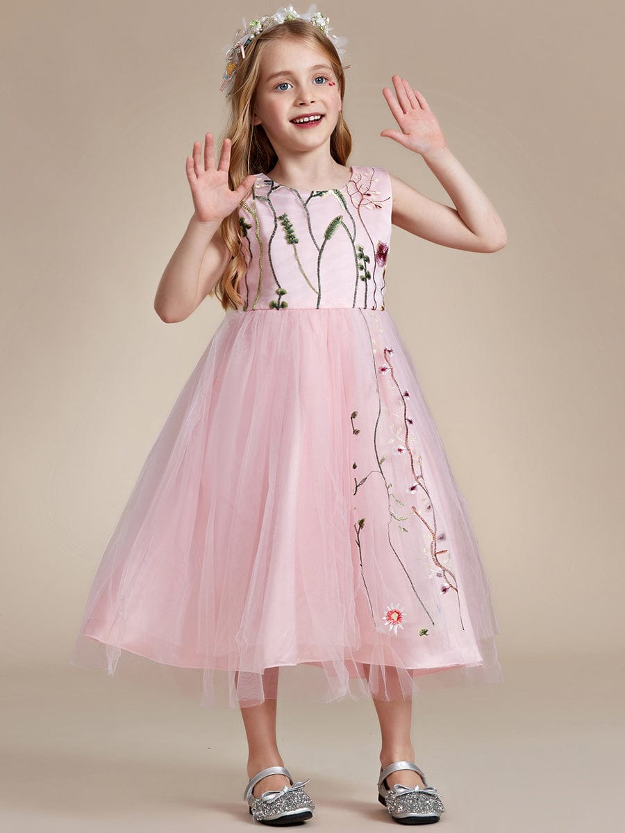 Embroidered Tulle Sleeveless Flower Girl Dress #color_Pink