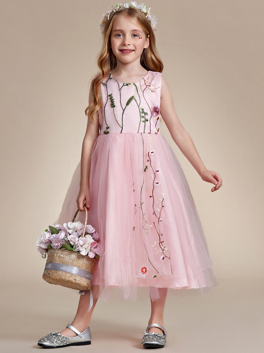 Embroidered Tulle Sleeveless Flower Girl Dress #color_Pink