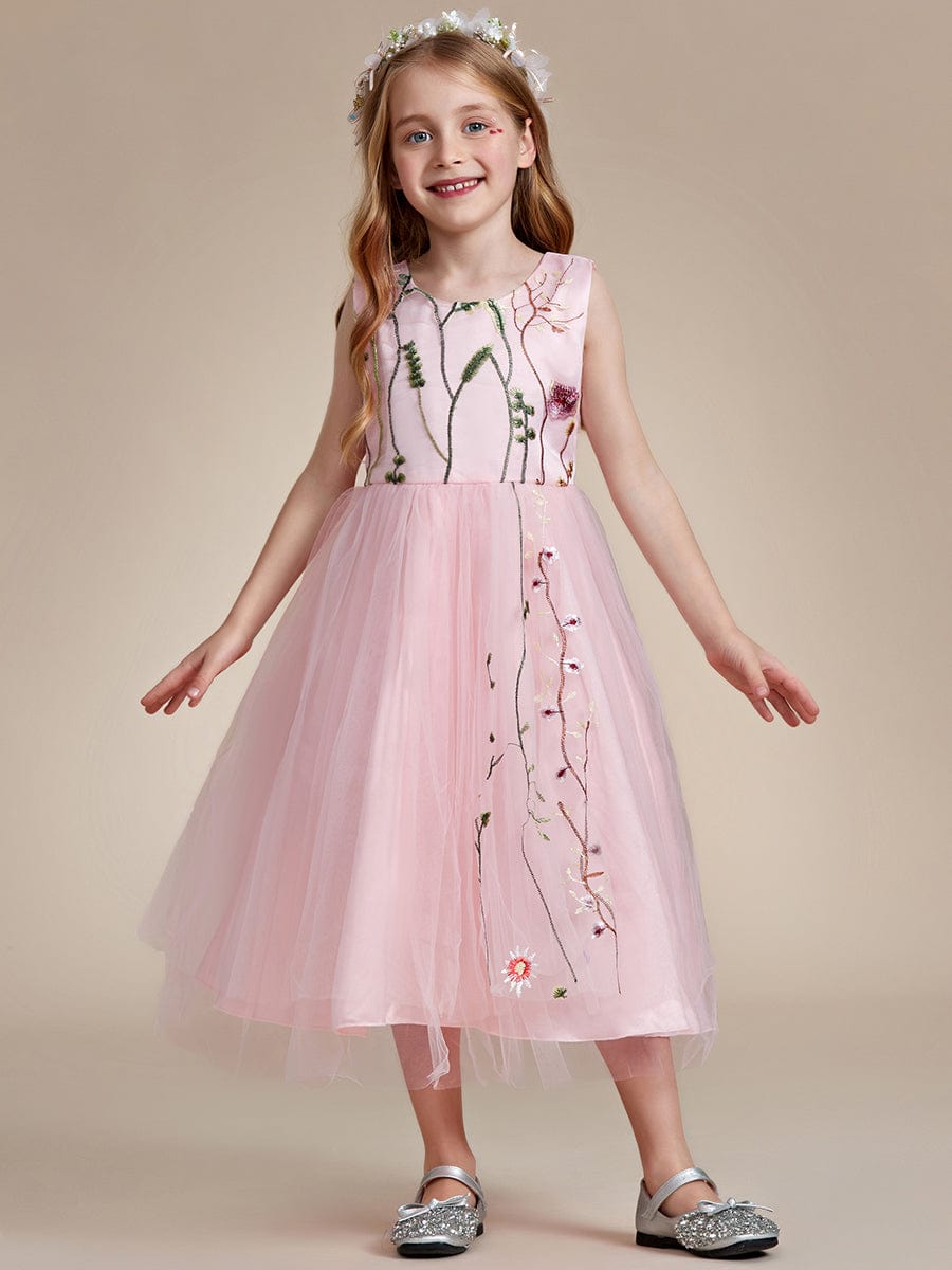 Embroidered Tulle Sleeveless Flower Girl Dress #color_Pink