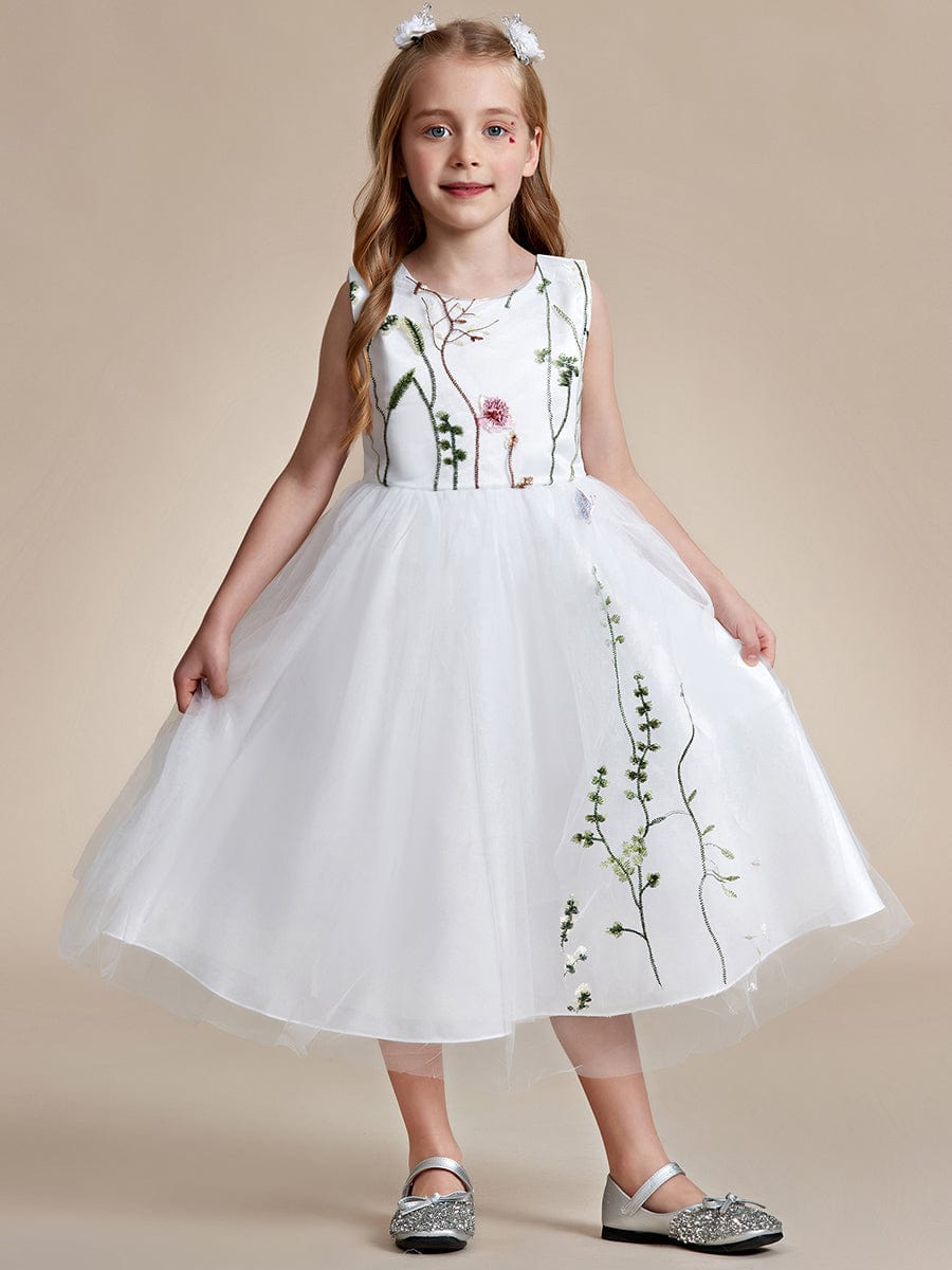 Embroidered Tulle Sleeveless Flower Girl Dress #color_White