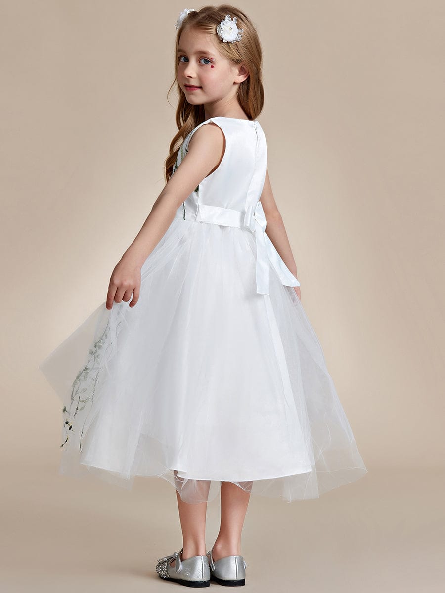 Embroidered Tulle Sleeveless Flower Girl Dress #color_White