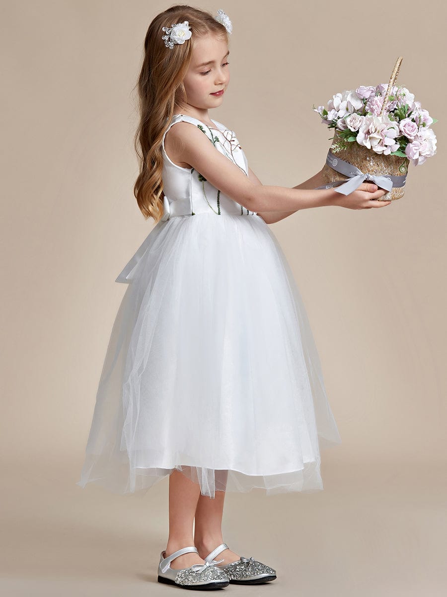 Embroidered Tulle Sleeveless Flower Girl Dress #color_White