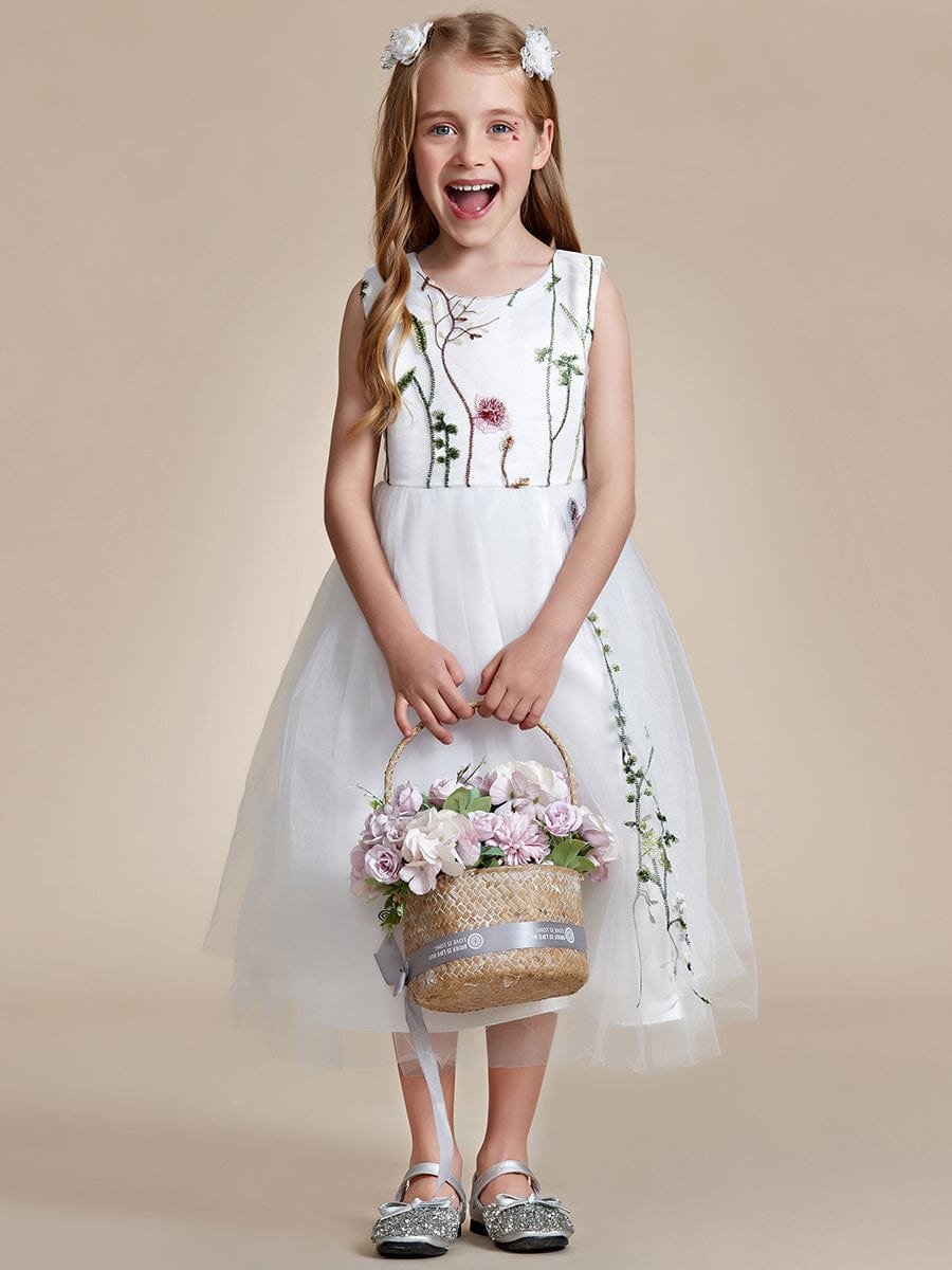 Embroidered Tulle Sleeveless Flower Girl Dress #color_White