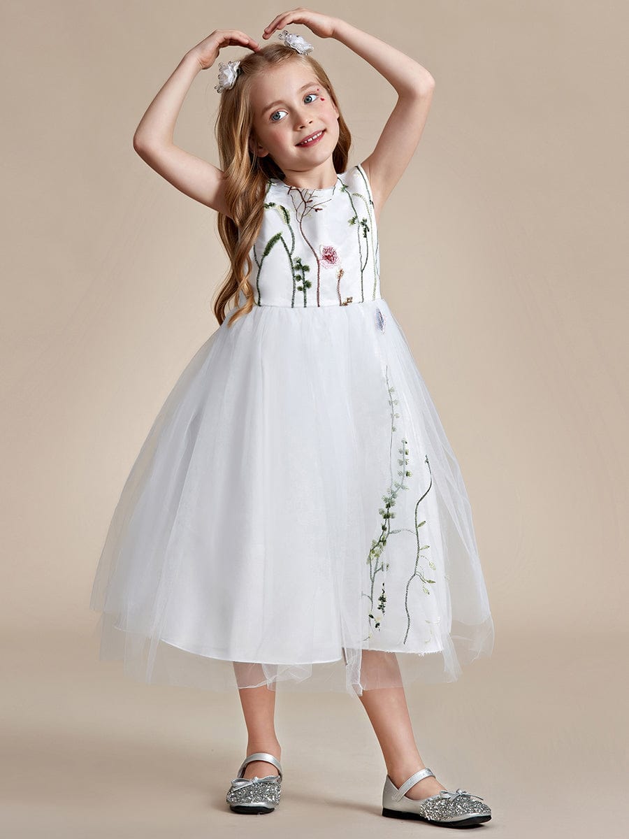 Embroidered Tulle Sleeveless Flower Girl Dress #color_White