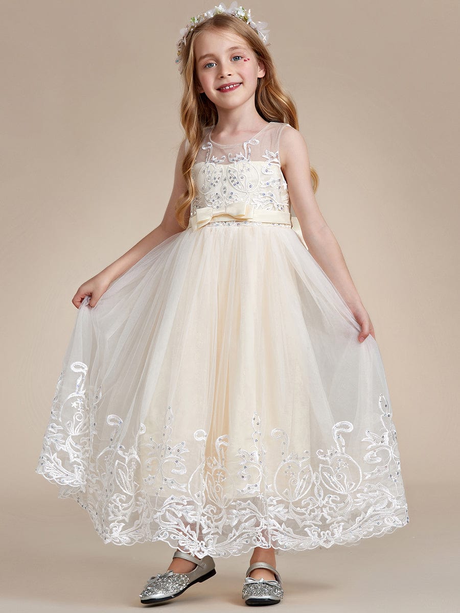 Flower-Adorned Tulle Flower Girl Dress with Bow Accent #color_Charcoal