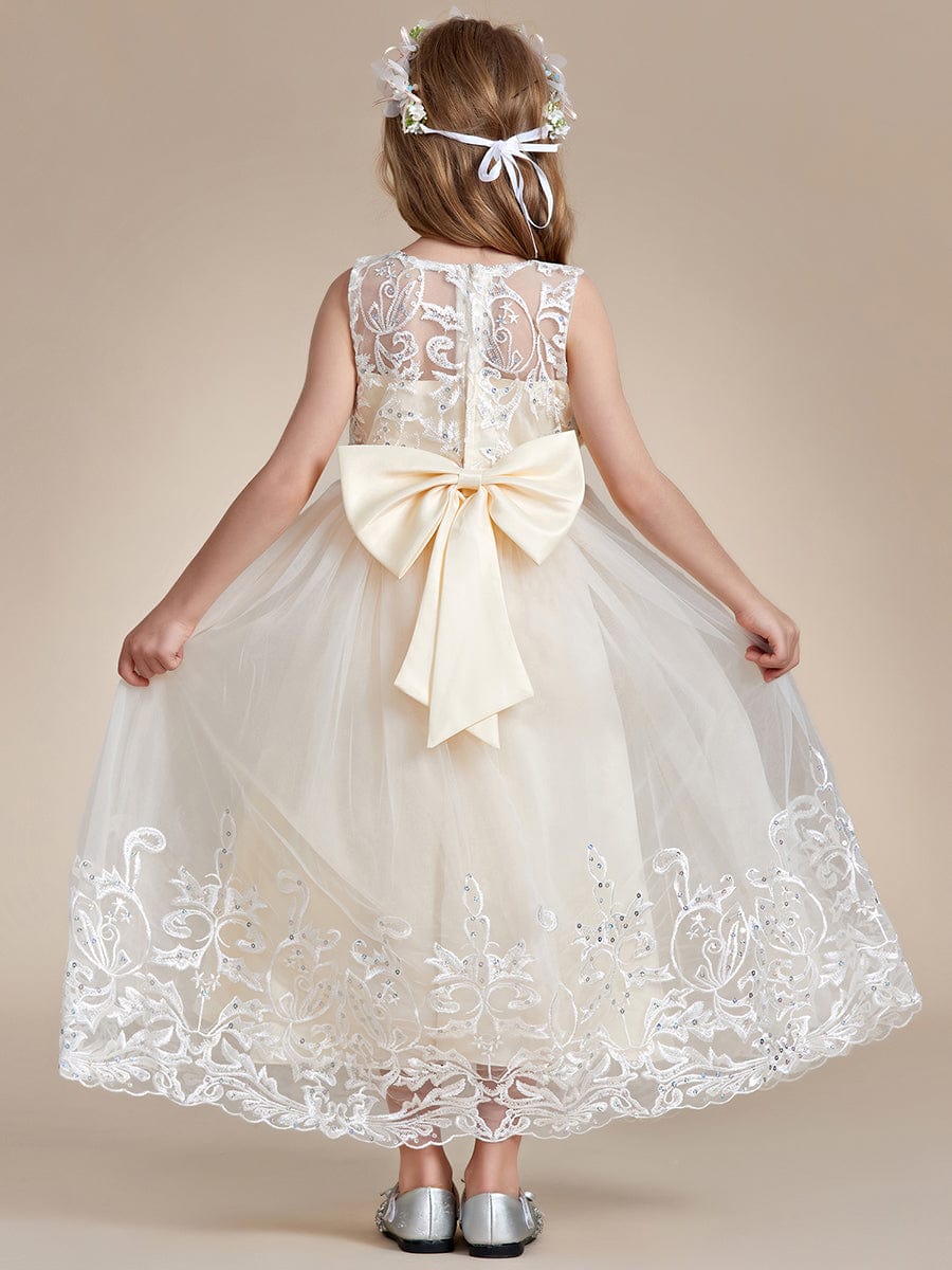 Flower-Adorned Tulle Flower Girl Dress with Bow Accent #color_Charcoal