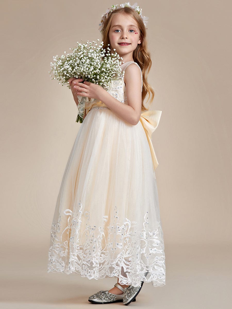 Flower-Adorned Tulle Flower Girl Dress with Bow Accent #color_Charcoal