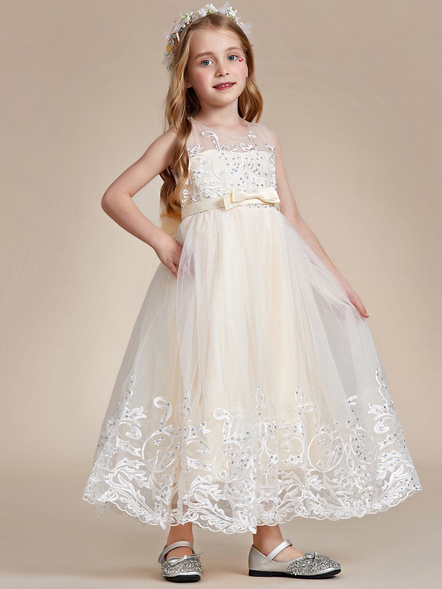 Flower-Adorned Tulle Flower Girl Dress with Bow Accent #color_Charcoal