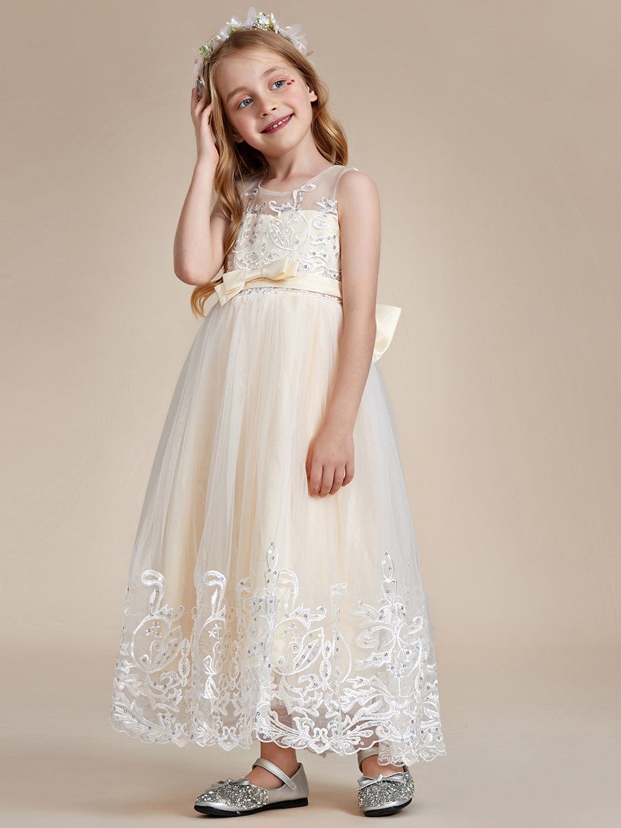 Flower-Adorned Tulle Flower Girl Dress with Bow Accent #color_Charcoal