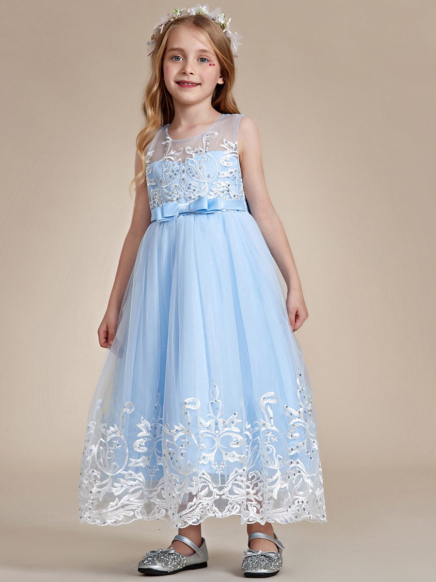 Flower-Adorned Tulle Flower Girl Dress with Bow Accent #color_Ice Blue