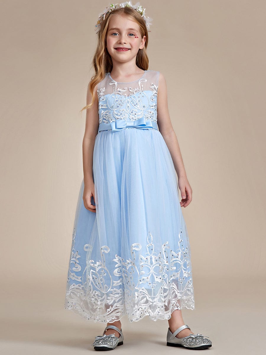 Flower-Adorned Tulle Flower Girl Dress with Bow Accent #color_Ice Blue