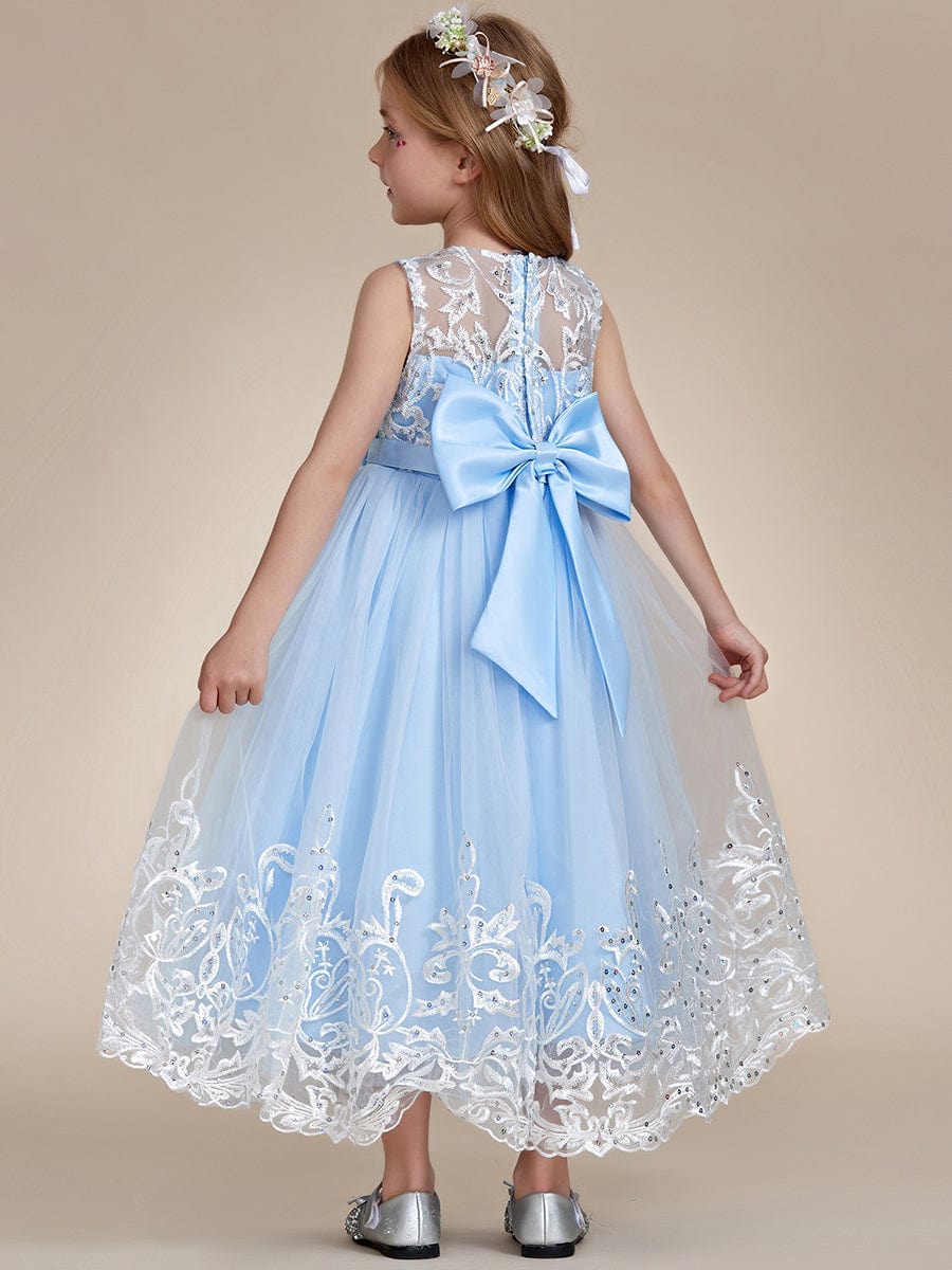 Flower-Adorned Tulle Flower Girl Dress with Bow Accent #color_Ice Blue