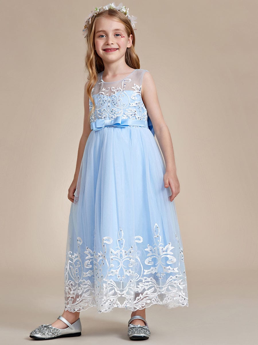 Flower-Adorned Tulle Flower Girl Dress with Bow Accent #color_Ice Blue