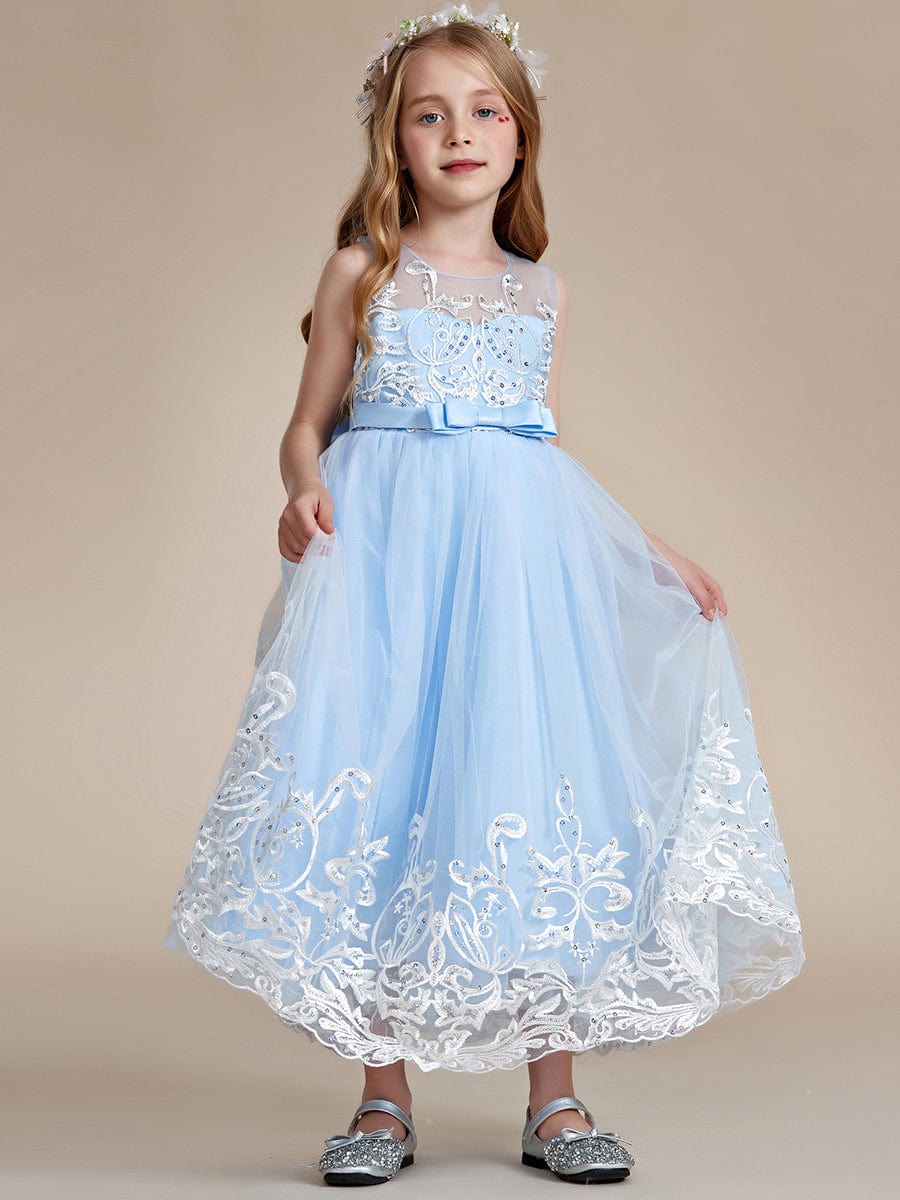 Flower-Adorned Tulle Flower Girl Dress with Bow Accent #color_Ice Blue