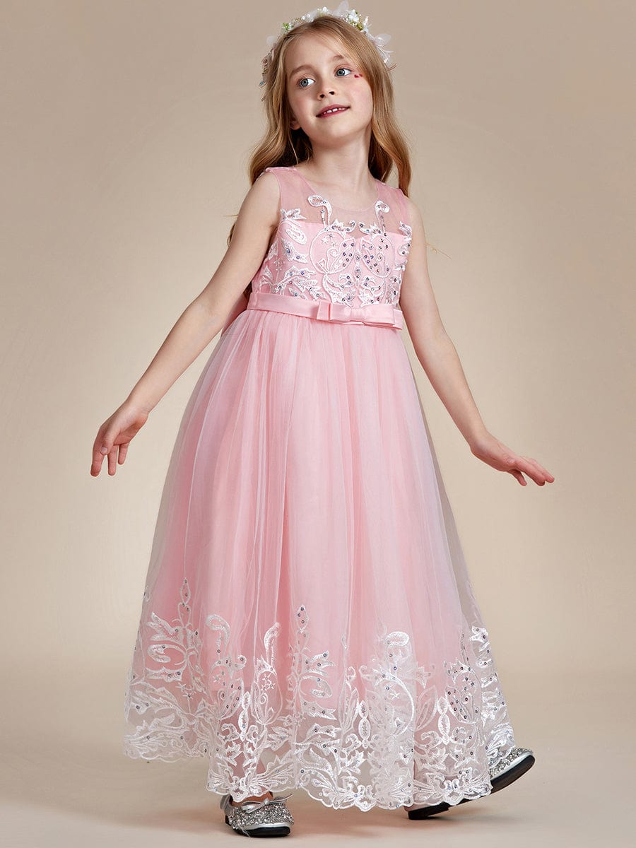 Elegant Lace Princess Dress for Flower Girl with Bowknot #color_Pink