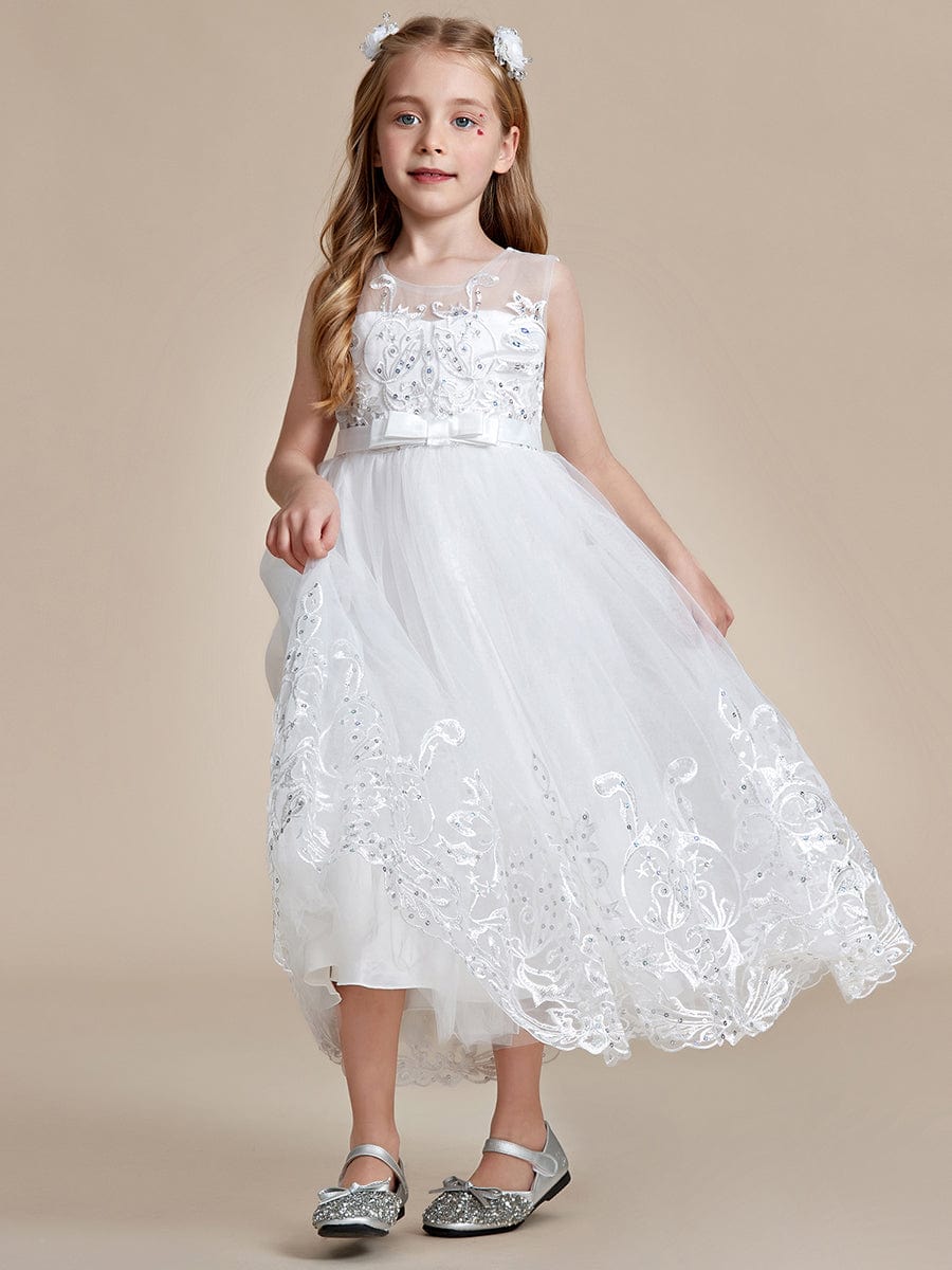 Elegant Lace Princess Dress for Flower Girl with Bowknot #color_White