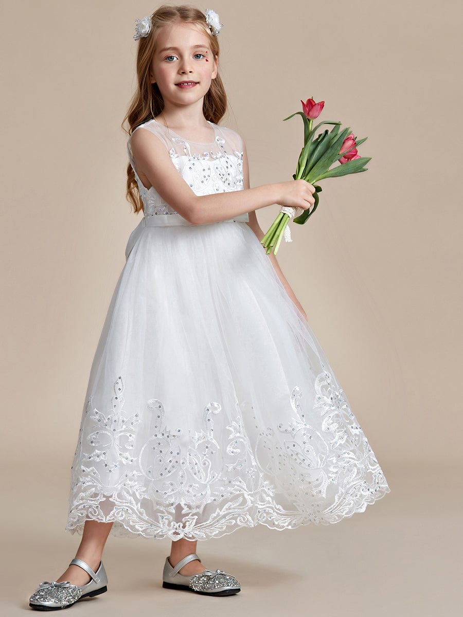 Elegant Lace Princess Dress for Flower Girl with Bowknot #color_White