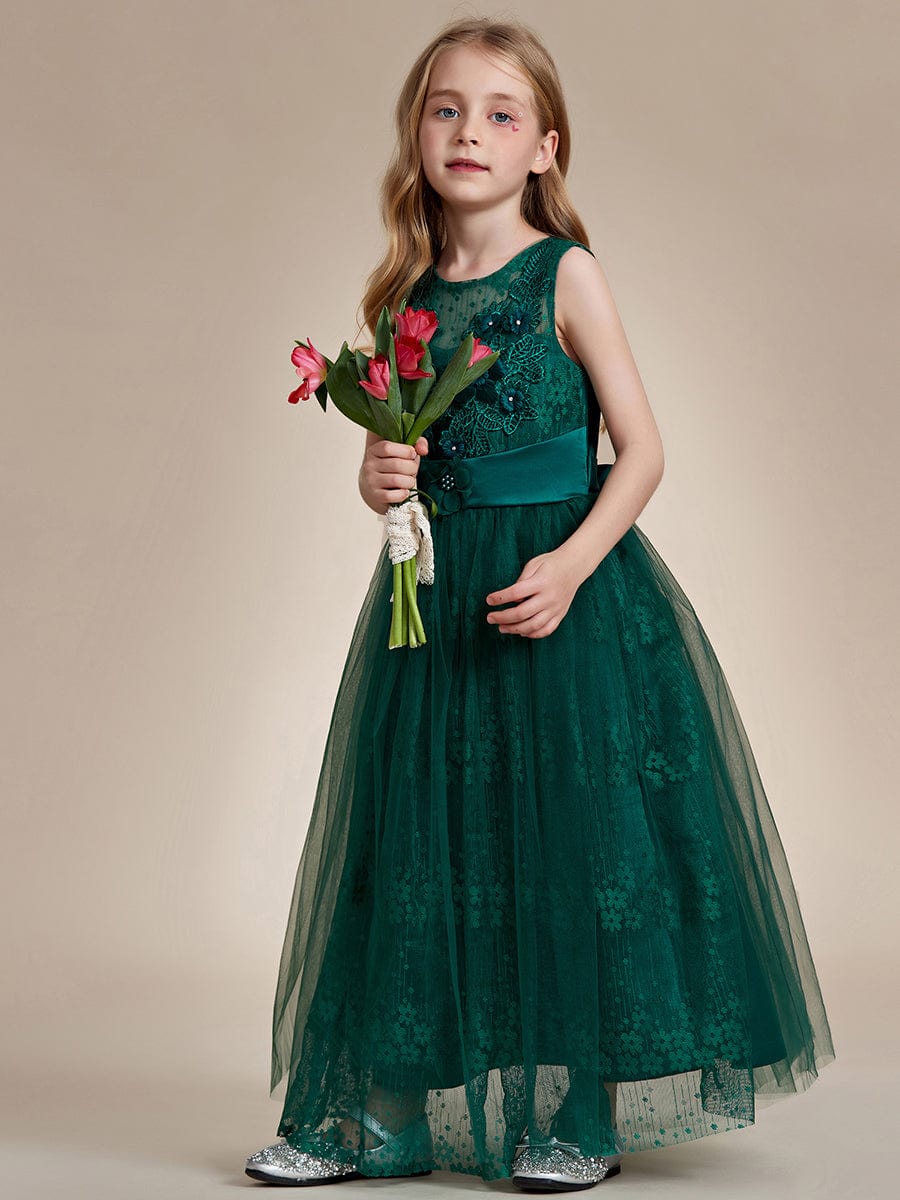 Floral Tulle Applique Princess Flower Girl Dress With Satin Back #color_Dark Green