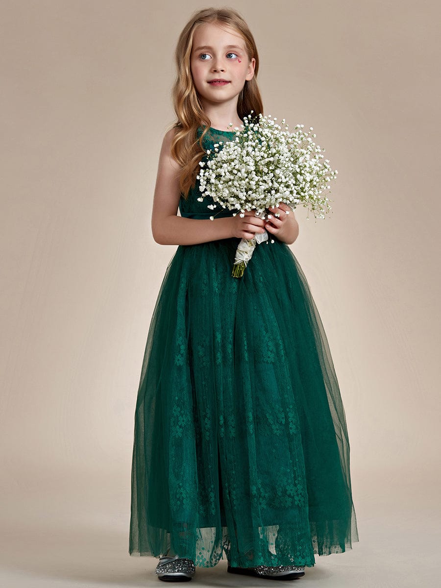 Floral Tulle Applique Princess Flower Girl Dress With Satin Back #color_Dark Green