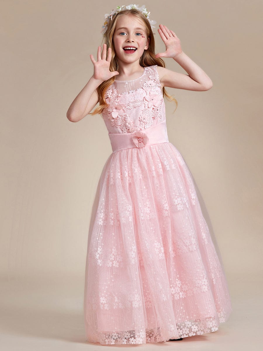 Floral Tulle Applique Princess Flower Girl Dress With Satin Back #color_Pink