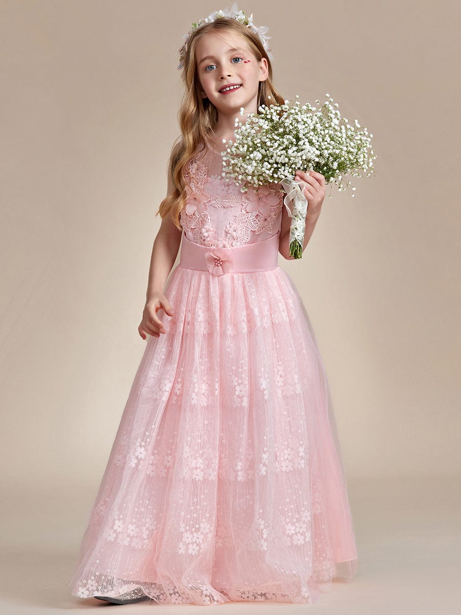 Floral Tulle Applique Princess Flower Girl Dress With Satin Back #color_Pink