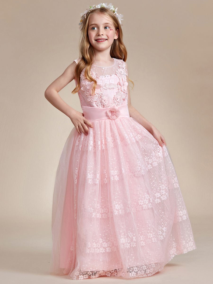 Floral Tulle Applique Princess Flower Girl Dress With Satin Back #color_Pink