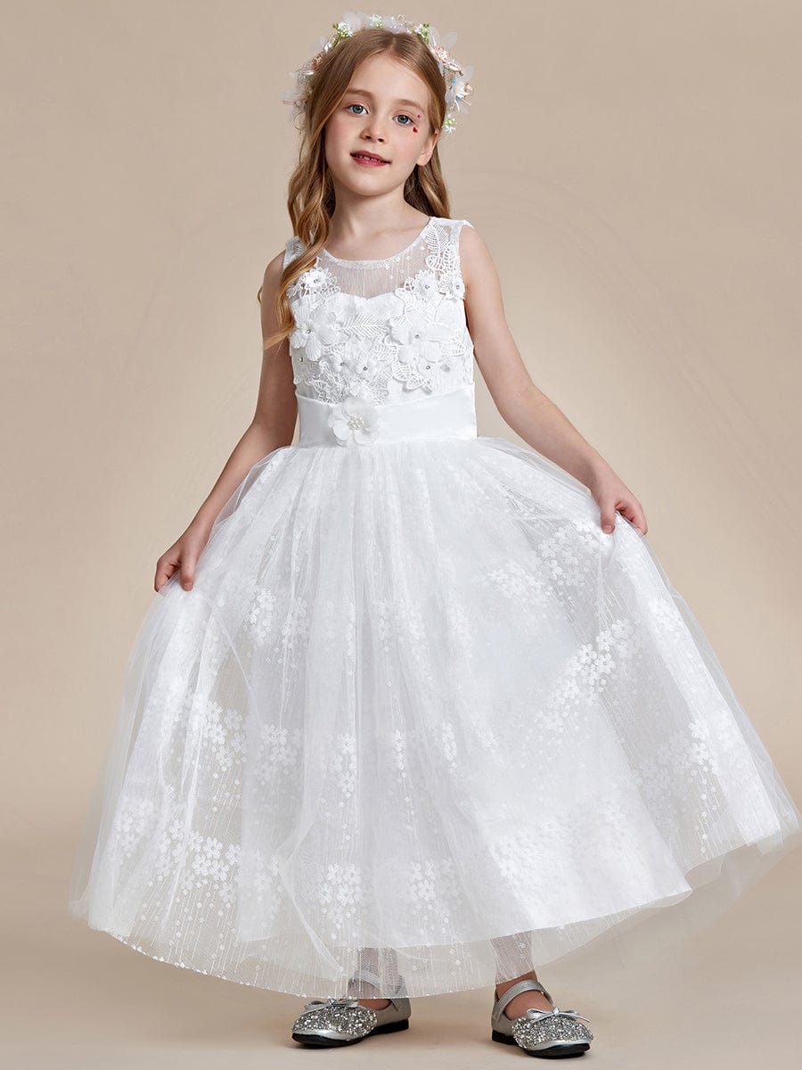 Floral Tulle Applique Princess Flower Girl Dress With Satin Back #color_White