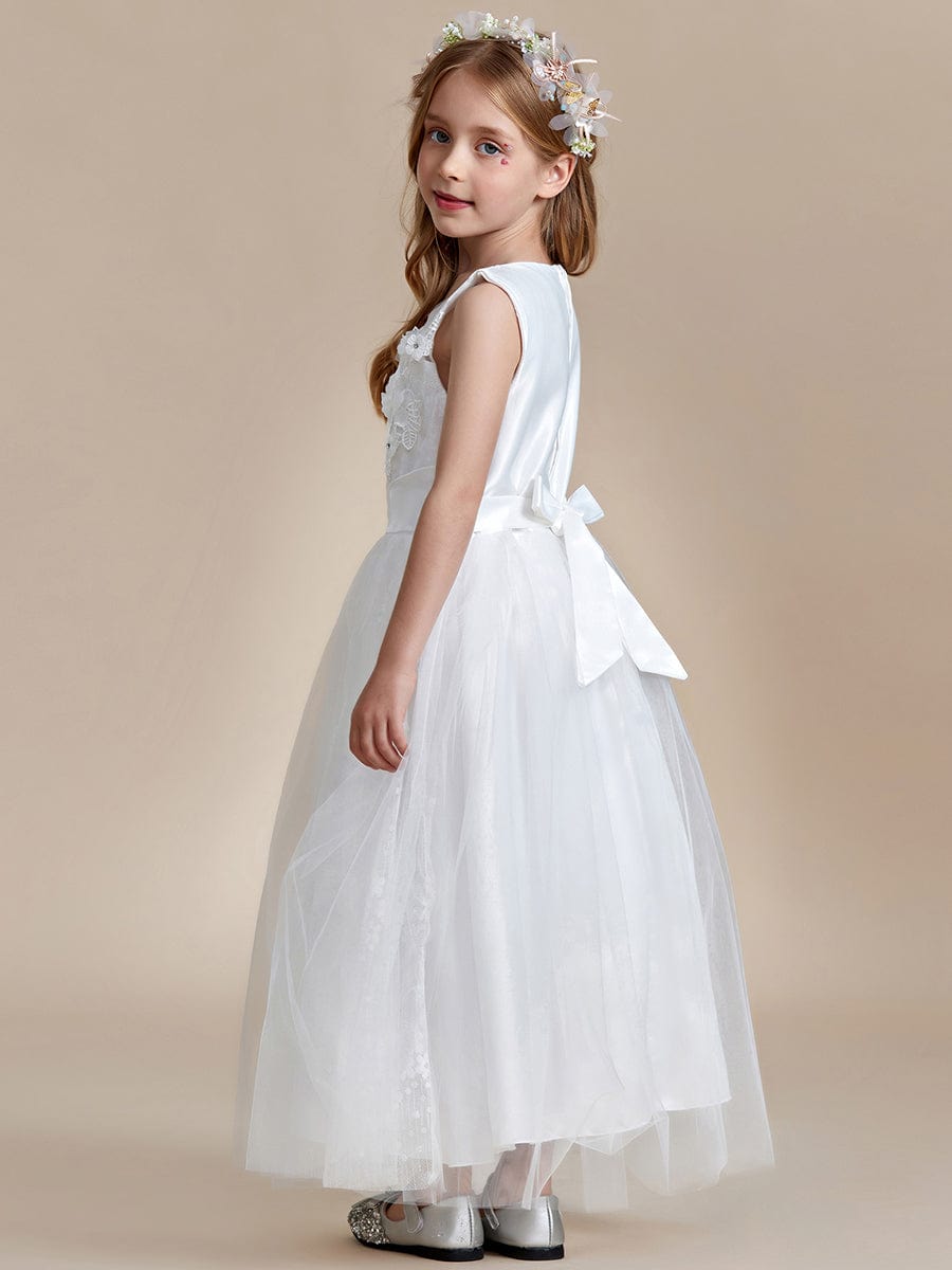 Floral Tulle Applique Princess Flower Girl Dress With Satin Back #color_White