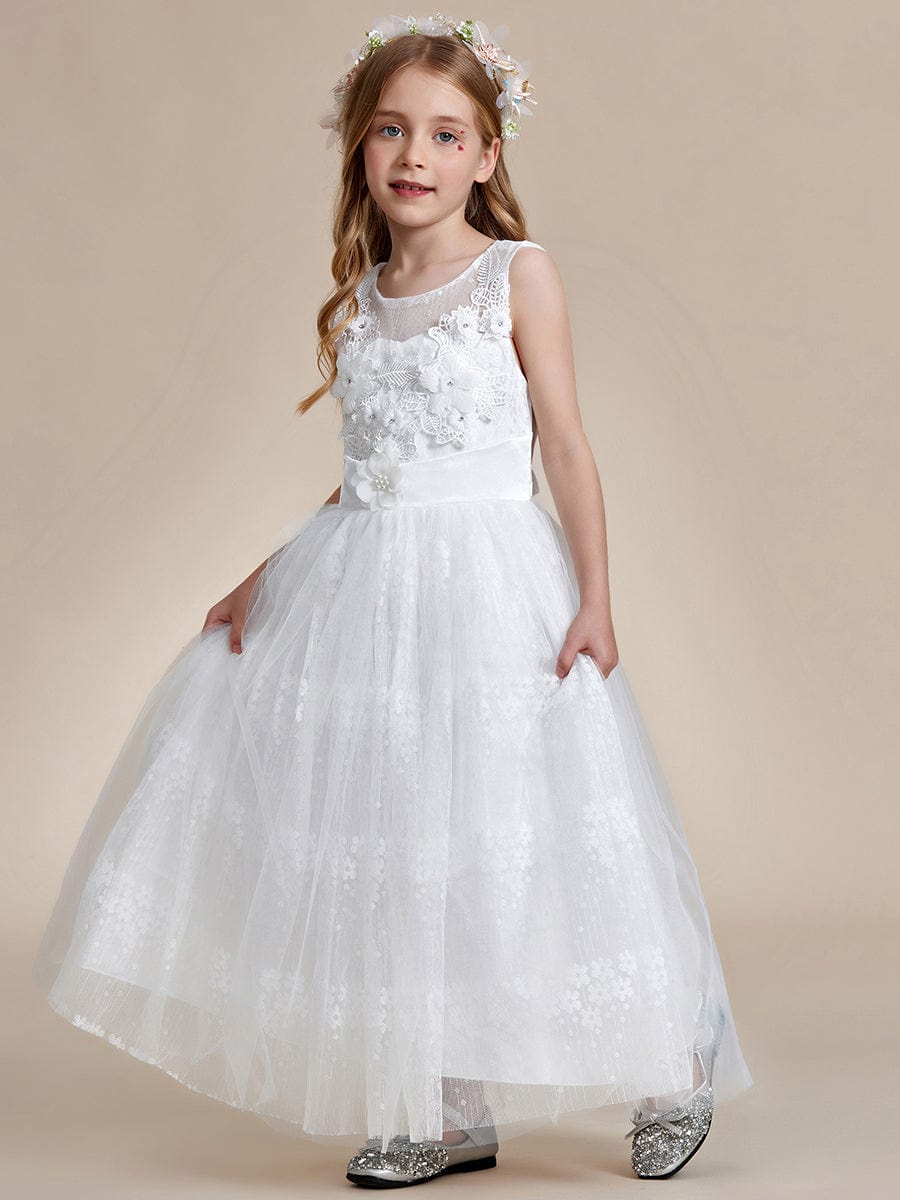 Floral Tulle Applique Princess Flower Girl Dress With Satin Back #color_White