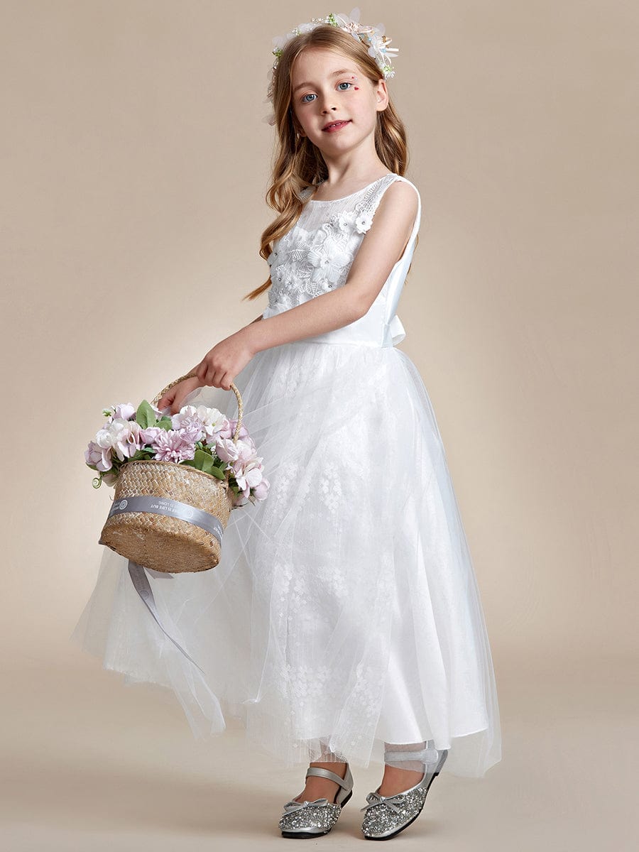 Floral Tulle Applique Princess Flower Girl Dress With Satin Back #color_White