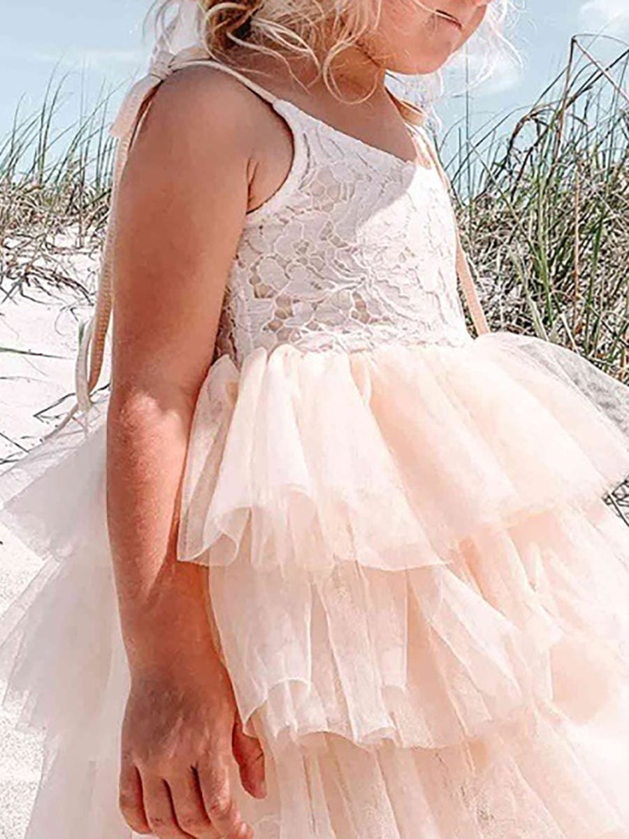 Multi-Layered Tulle Princess Flower Girl Dress with Spaghetti Straps #color_Champagne