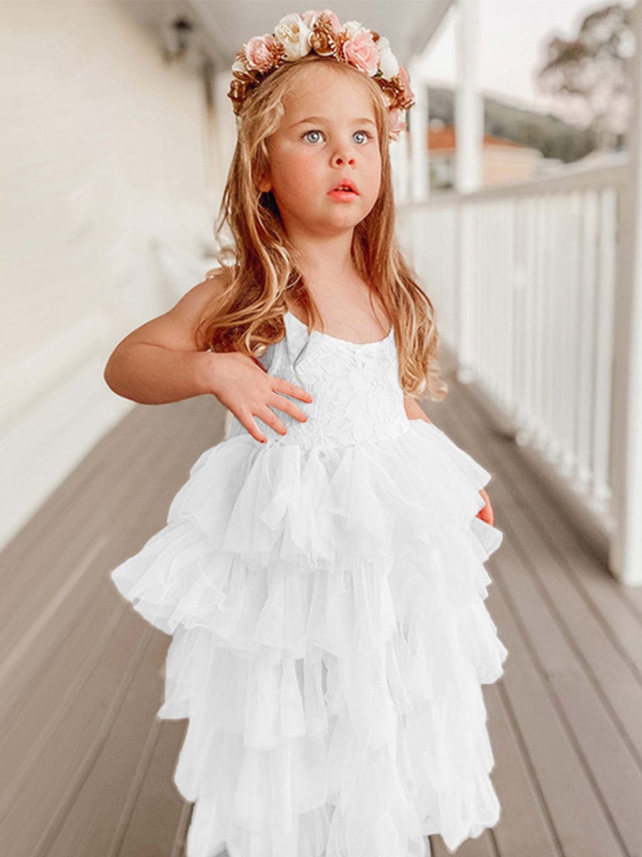 Multi-Layered Tulle Princess Flower Girl Dress with Spaghetti Straps #color_White