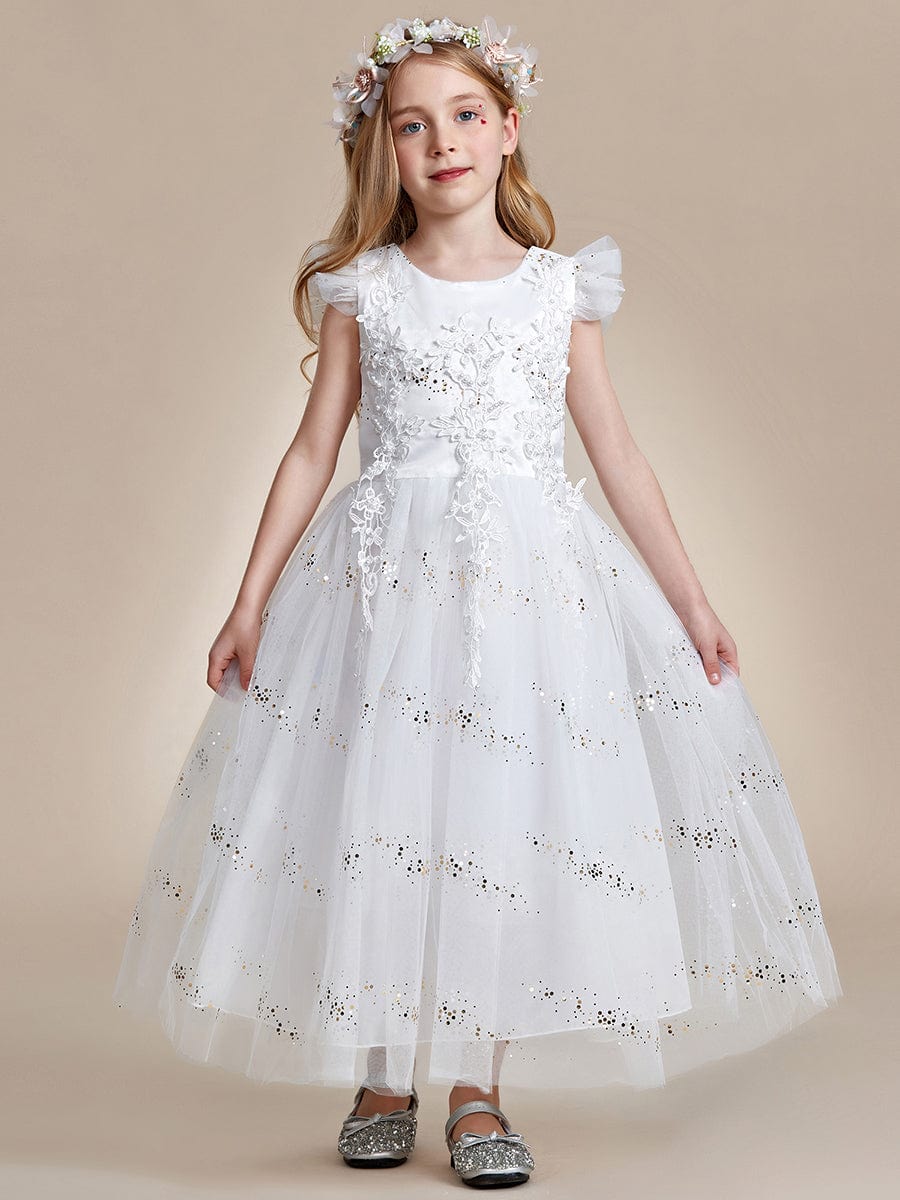 Lace and Sparkle Princess Flower Girl Dress with Flutter Sleeves #color_White