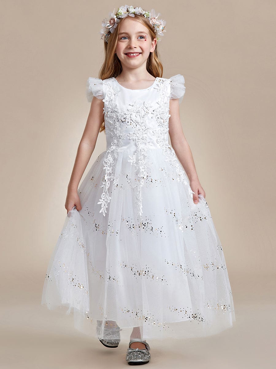 Lace and Sparkle Princess Flower Girl Dress with Flutter Sleeves #color_White