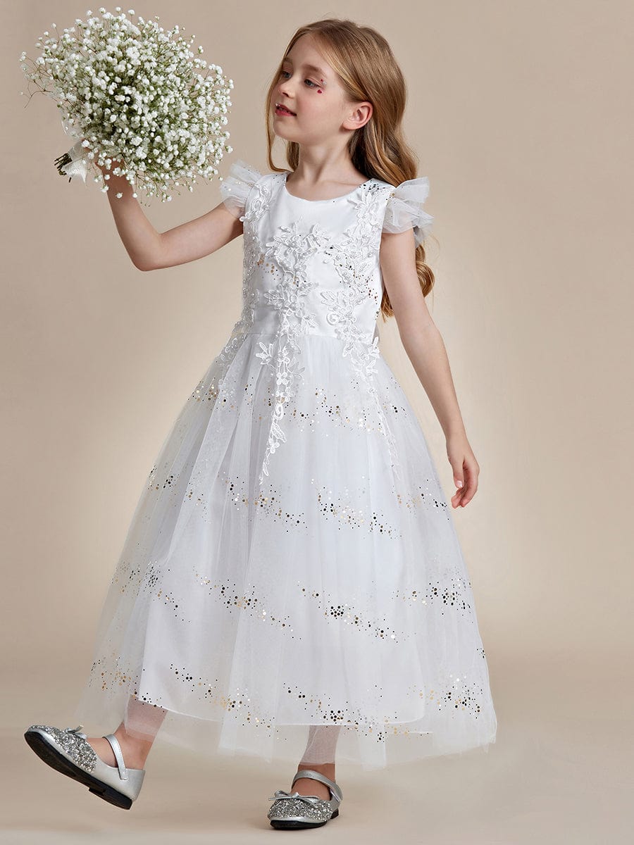 Lace and Sparkle Princess Flower Girl Dress with Flutter Sleeves #color_White