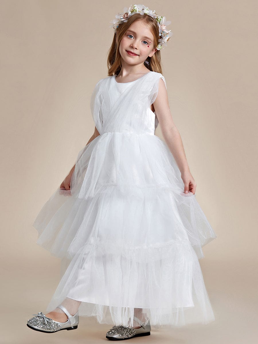 Princess Style Sleeveless Layered Cake Flower Girls Dress #color_White